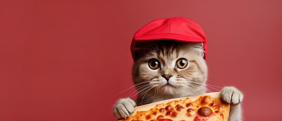 A cute chef cat in red hat is holding a pizza. Banner, copy space. AI generation