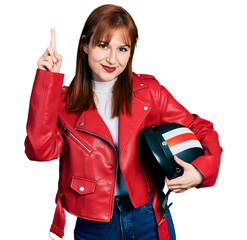 Poster - Redhead young woman holding motorcycle helmet smiling with an idea or question pointing finger with happy face, number one