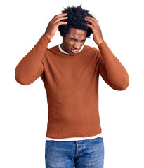 Poster - Handsome african american man with afro hair wearing casual clothes suffering from headache desperate and stressed because pain and migraine. hands on head.