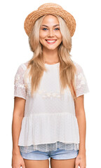 Sticker - Young blonde girl wearing summer hat with a happy and cool smile on face. lucky person.