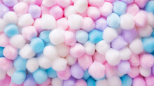 Fluffy Soft Cosmetic Cotton Balls Background In Baby Pink Blue And White Colours. Face Care Abstract Texture Backdrop