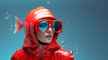 Fashion Art Portrait Of Woman Model In Red Leather Underwater Fish Costume. Fantasy Female Wearing Big Glamour Red Sunglasses