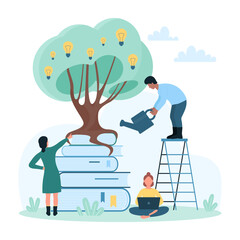 Wall Mural - Education, idea growth and development vector illustration. Cartoon tiny people with watering can grow green tree of knowledge with fruits of light bulbs, learning process and research information