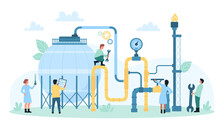 Safety Control Of Oil And Gas Industry Equipment Vector Illustration. Cartoon Tiny People Check LPG Tank, Valves And Steel Pipelines For Leaks, Workers Measuring Pressure In Industrial Container