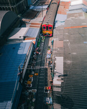 Bangkok, Thailand - 22 January 2023: Aerial View Of People On The Railway At Rom Hup Train Market In Bangkok, Thailand.