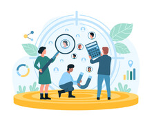 Focus Group Research Service Vector Illustration. Cartoon Tiny People Study Target Audience In Centric Aim For Business Promotion And Brand Product Advertising, Search Success Approach For Customers