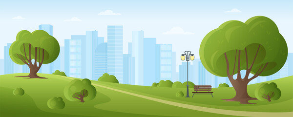 cartoon downtown landscape panorama with wooden bench on public alley and street lamp, pond and gree