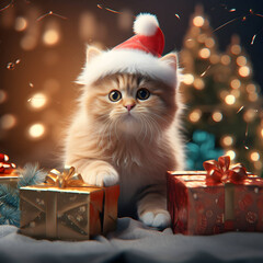 Merry Christmas. Cute fluffy cat in Santa hat. AI generated image