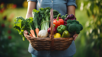 Woman farmer holds basket with organic vegetables. AI generated image
