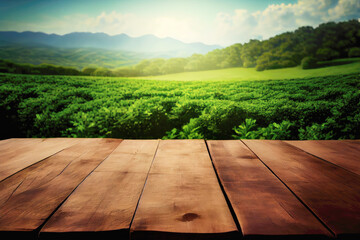 Wall Mural - Empty wooden table top with view of tea plantation and mountain. Nature with bokeh background for product placement or montage with focus to the table top. Generative ai.