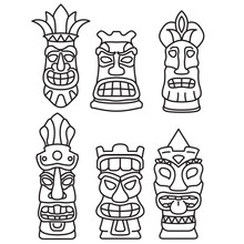 Set Hawaiian Tiki God Masks.Hand Drawn Tiki Outline.Thin Line Art Polynesian Symbol.Tribal Mask Icons.Ethnic Masks. Scary Ritual Mask.Isolated On White Background.Outline Vector Illustration.