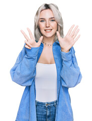 Sticker - Young blonde girl wearing casual clothes showing and pointing up with fingers number eight while smiling confident and happy.