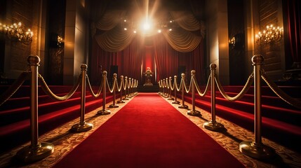 Red carpet and golden barriers. Created with Generative Ai technology.