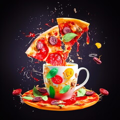 Wall Mural - Concept art of pizza slices in a glass and saucer  with bright splashes of paint and ingredients.Generative AI