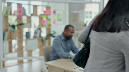 Poster - Office, coworking and busy women with technology for communication, online notification or work. Bumping, morning and business people with phone and tablet at a company for email or planning