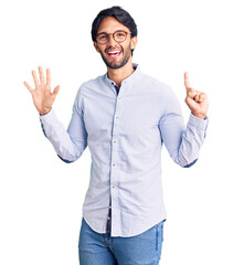 Poster - Handsome hispanic man wearing business shirt and glasses showing and pointing up with fingers number six while smiling confident and happy.