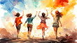 happy teenagers running watercolor illustration generative ai