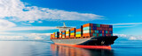 Stern of large cargo ship import export container box on the ocean sea on blue sky back ground concept transportation logistic and service to customer and supply change