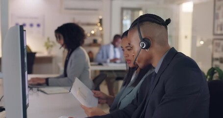 Aufkleber - Call center, teamwork and advice or help at desk with a document, headset and computer. A man and woman agent or consultant team talking at office for telemarketing, customer service or crm support