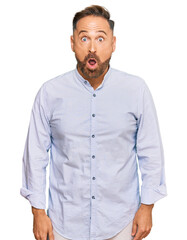 Poster - Handsome middle age man wearing business shirt afraid and shocked with surprise expression, fear and excited face.