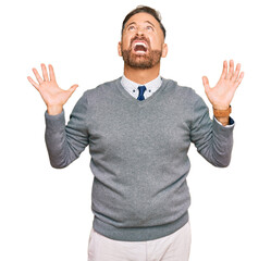 Wall Mural - Handsome middle age man wearing business clothes crazy and mad shouting and yelling with aggressive expression and arms raised. frustration concept.