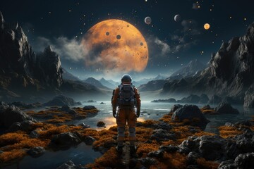 Astronaut staring at a distant planet against a cosmic backdrop. Generative AI