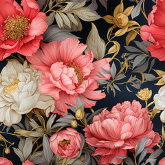 Poster - Seamless pattern with peony flowers and leaves. generative ai