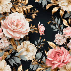 Poster - Seamless pattern with roses and leaves on black background.  generative ai