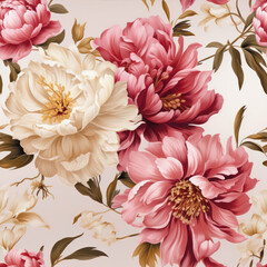 Poster - Seamless pattern with peony flowers in vintage style. Hand-drawn illustration. generative ai