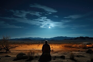 Man looking at the stars beside his car in a distant desert landscape. Generative AI