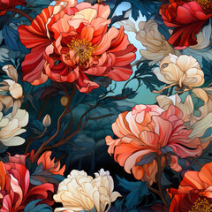 Poster - Seamless floral pattern with peony flowers. generative ai