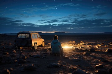 Wall Mural - Man looking at the stars beside his car in a distant desert landscape. Generative AI