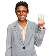 Wall Mural - Young african american woman wearing business clothes showing and pointing up with fingers number three while smiling confident and happy.