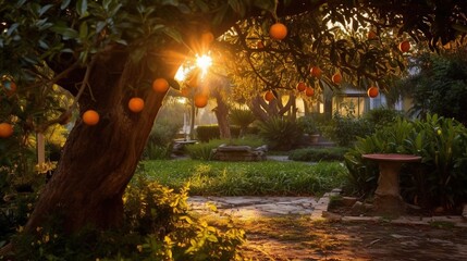 Canvas Print -  an orange tree in a garden with the sun shining through the trees.  generative ai