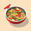 Chicken stir fry isometric vector flat isolated illustration