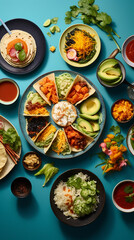 An international feast from above, a unifying spread of sushi, pasta, and tacos on a vibrant tablecloth