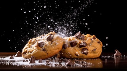  two chocolate chip cookies are sprinkled with powdered sugar.  generative ai