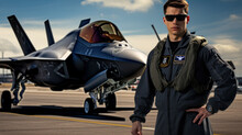 Attractive Man - Pilot In Front Of Stealth Fighter Plane