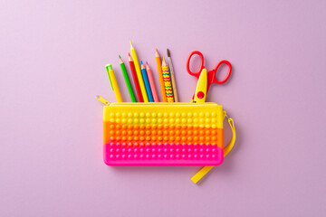 Sticker - Stationery collection. Top view of array of colorful supplies: silicone pencil case with color pencils set, safety scissors, pen and paint brush on pastel violet background with an open area for text