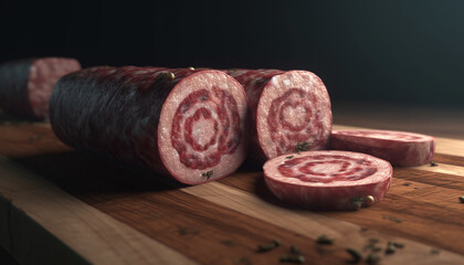 Canvas Print - Smoked pork salami, gourmet appetizer on rustic table generated by AI