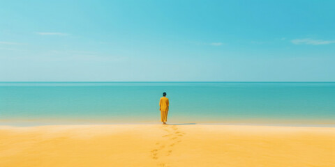 Canvas Print - Karibischer heller Sand Strand mit hellblau türkisen Meer und blauen Himmel mit Mensch stehend  - Mit Platz für Text oder Produkt