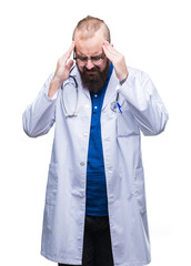 Poster - Young caucasian doctor man wearing medical white coat over isolated background with hand on head for pain in head because stress. Suffering migraine.