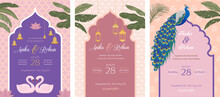 Indian Wedding Invitation And Save The Date Templates Set. Exotic Wedding Theme With Palms And Peacock 