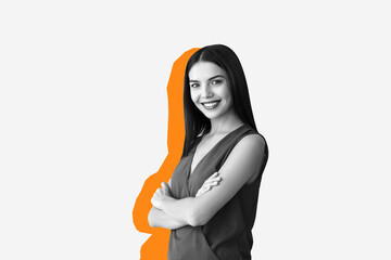 Poster - Portrait of happy young woman on grey background