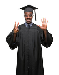 Wall Mural - Young graduated african american man over isolated background showing and pointing up with fingers number eight while smiling confident and happy.