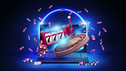 Online casino, blue banner with laptop, slot machine, Casino Roulette and poker chips in blue scene with neon ring on background.