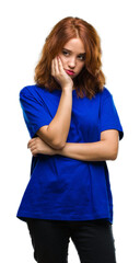 Sticker - Young beautiful woman over isolated background thinking looking tired and bored with depression problems with crossed arms.