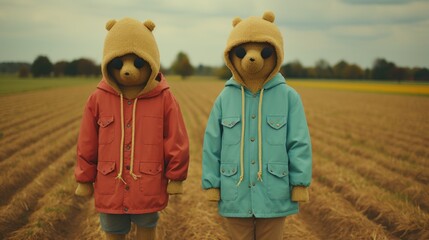 Wall Mural - Two teddy bears wearing jackets standing in a field. Generative AI image.