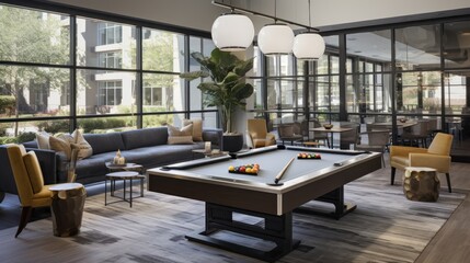 Wall Mural - Game room with a pool table, a foosball table, and other entertaining options for residents to enjoy friendly competition and leisure activities