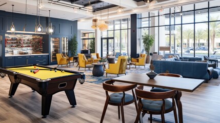 Wall Mural - Game room with a pool table, a foosball table, and other entertaining options for residents to enjoy friendly competition and leisure activities